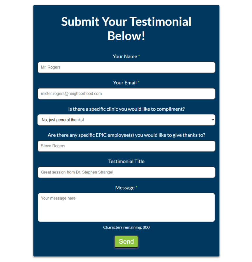 Testimonial form for Epic Physical Therapy